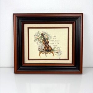 VTG 90s Cross Stitch Framed Art Violin "Life is a Song" Inspirationl Music 16x14